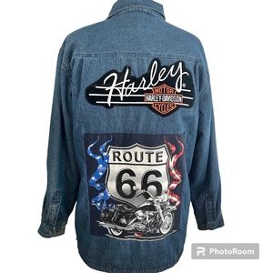 Vintage Men’s Wolverine brand denim button down shirt size L Route 66 Harley D.